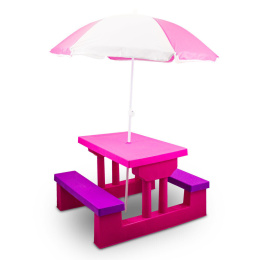 Ławka do ogrodu z parasolem dla dzieci Stolik RÓŻOWY do zabawy lekki