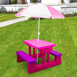Ławka do ogrodu z parasolem dla dzieci Stolik RÓŻOWY do zabawy lekki