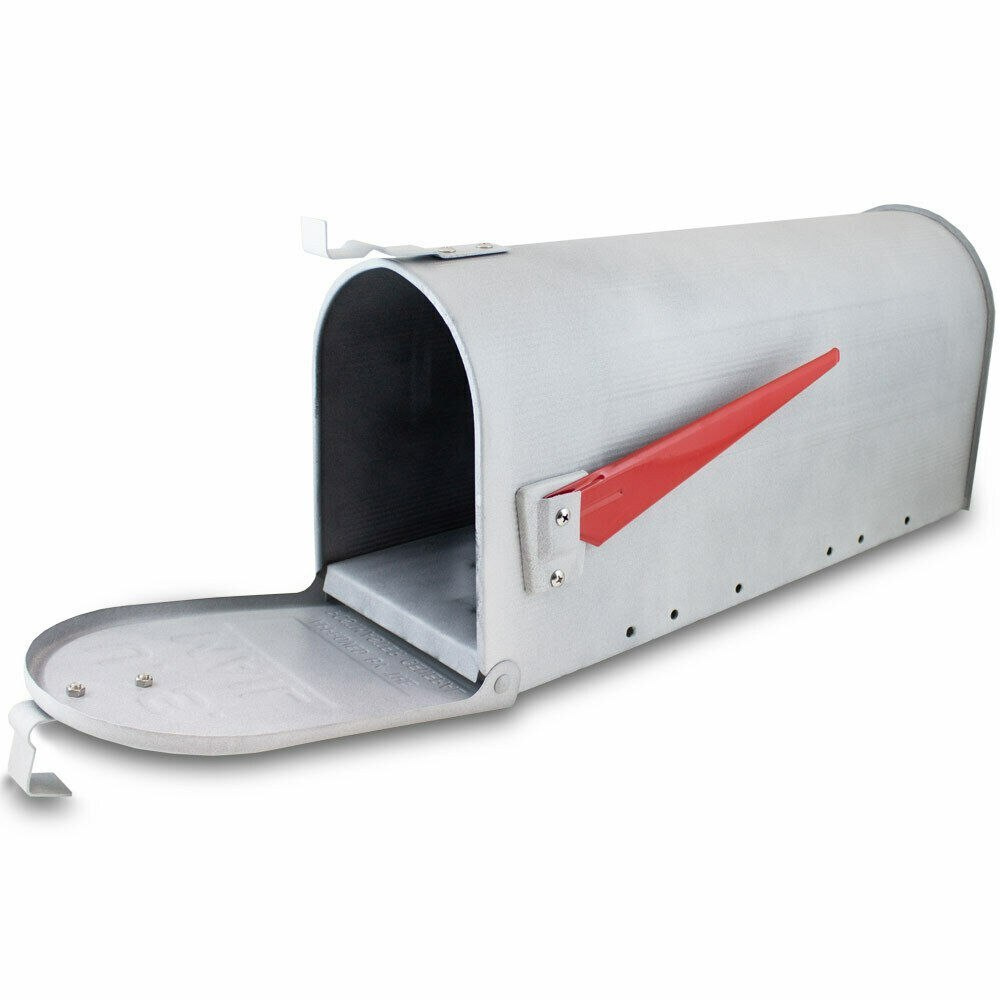 Skrzynka pocztowa amerykańska na słupku jasno-szara z metalową flagą